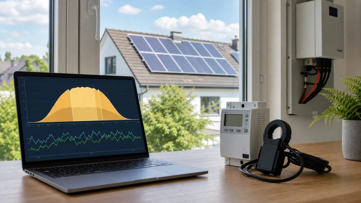 Messgerät und Laptop mit einer PV-Erzeugungskurve vor einem Haus mit Solaranlage
